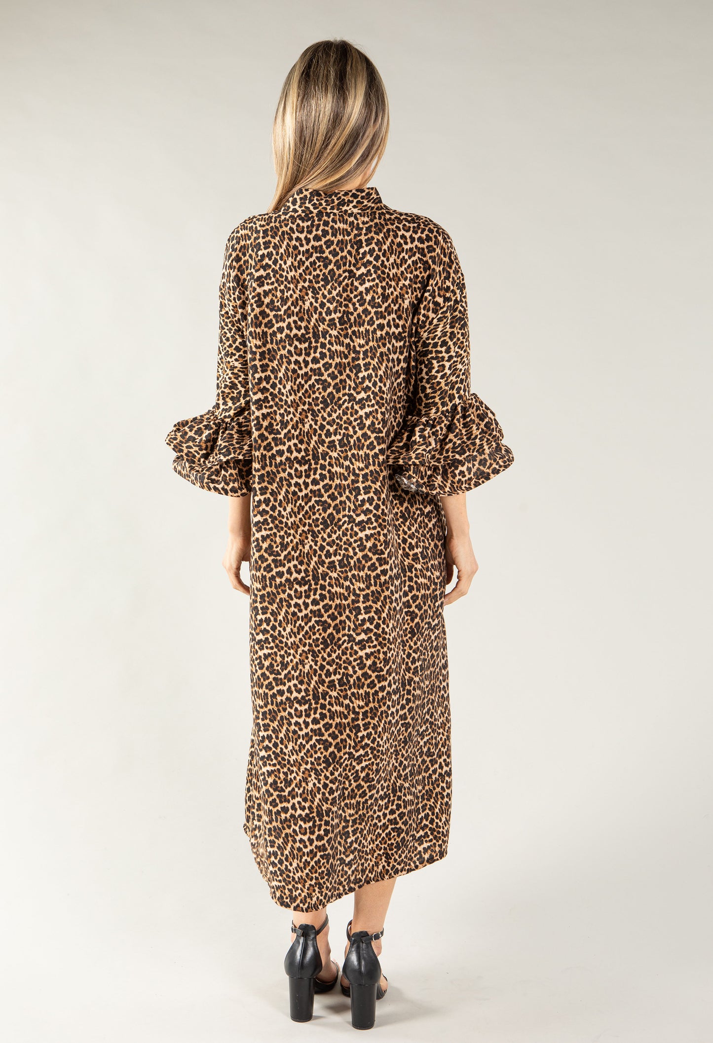 Leopard Print Ruffle Sleeve Shirt Dress