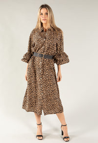 Leopard Print Ruffle Sleeve Shirt Dress