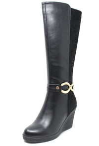 Gold Buckle Knee High Wedge Boots