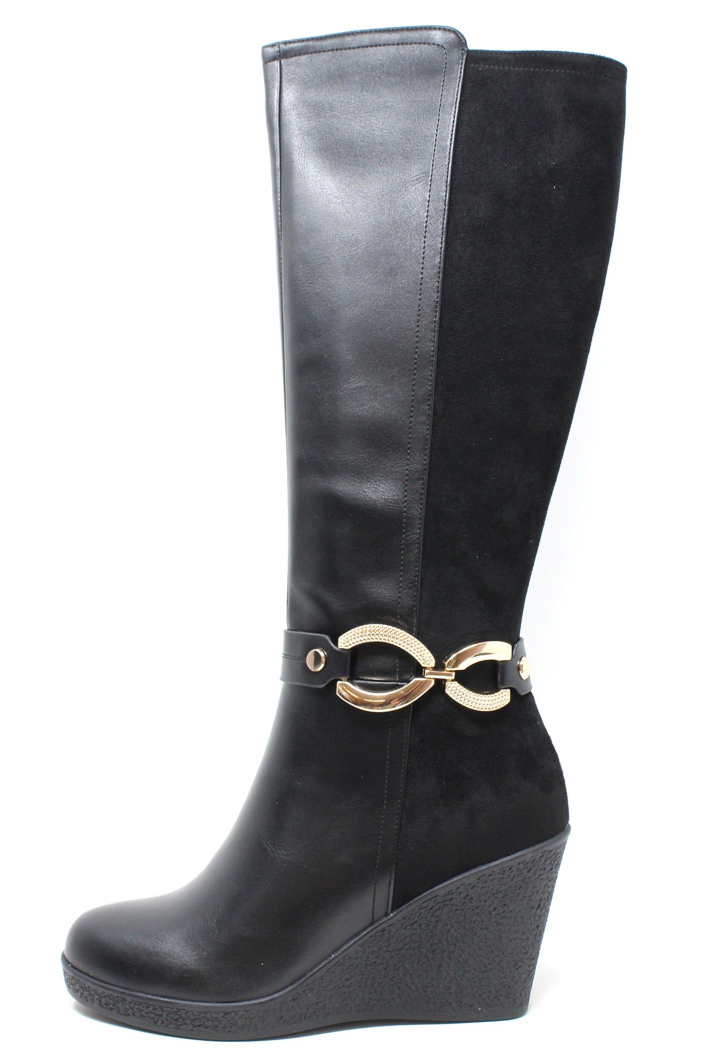 Gold Buckle Knee High Wedge Boots