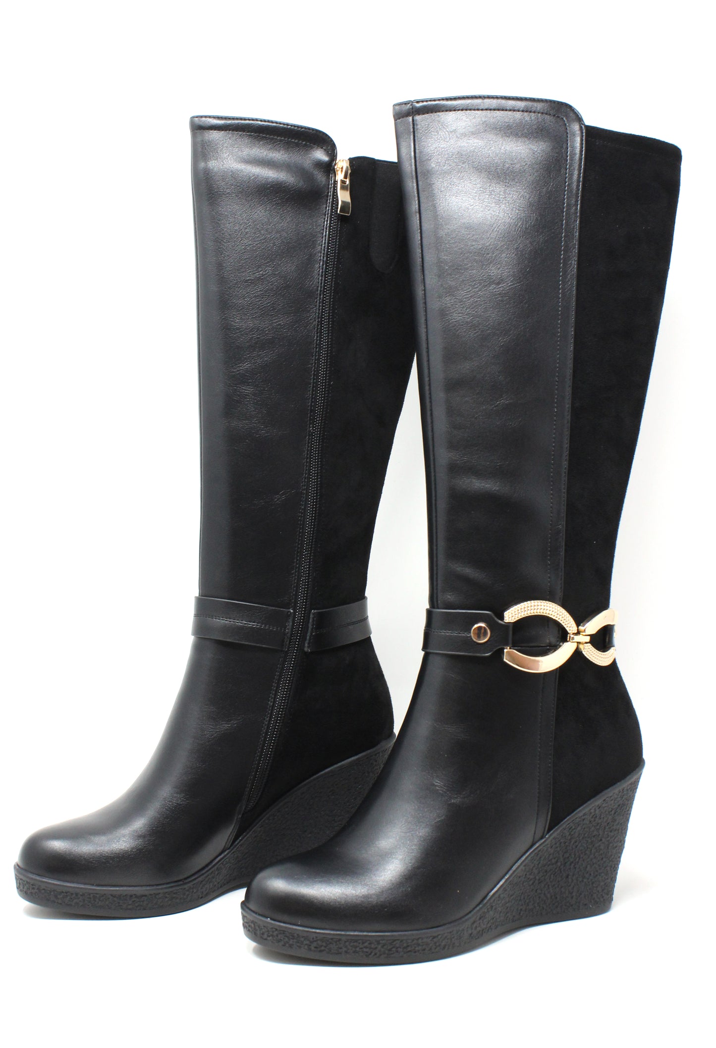 Gold Buckle Knee High Wedge Boots