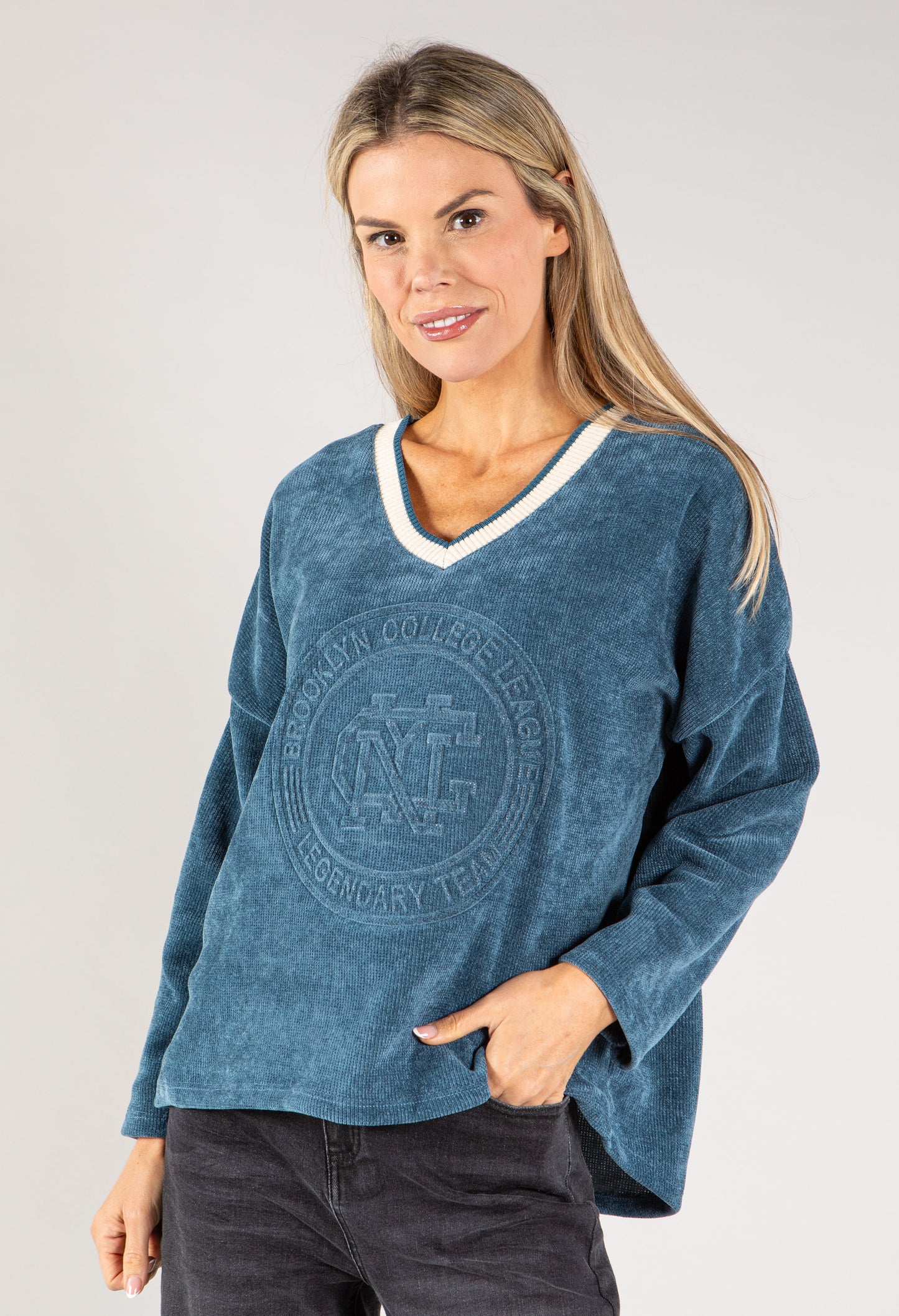 Cord Embellished V Neck Sweatshirt