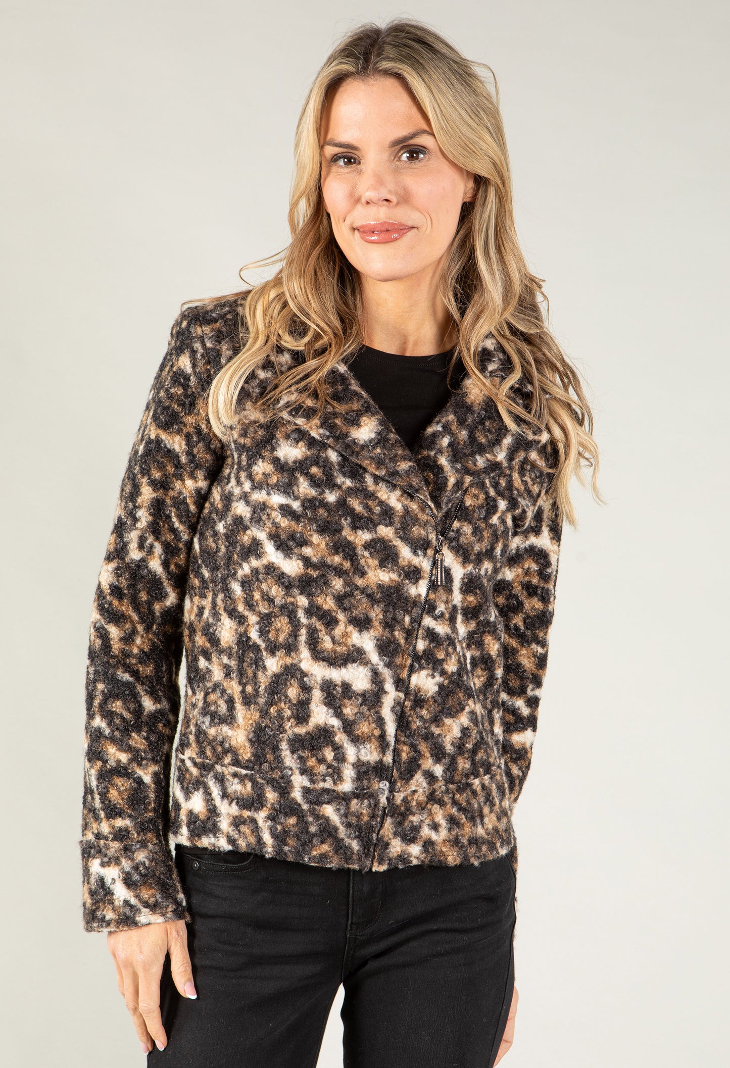 Boucle Leo Print Biker Jacket