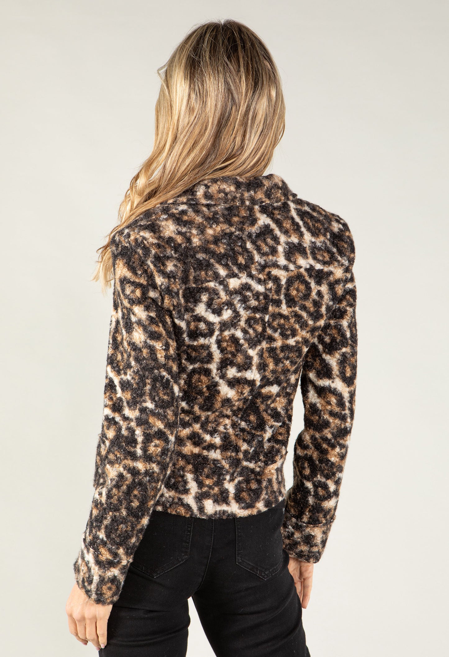 Boucle Leo Print Biker Jacket