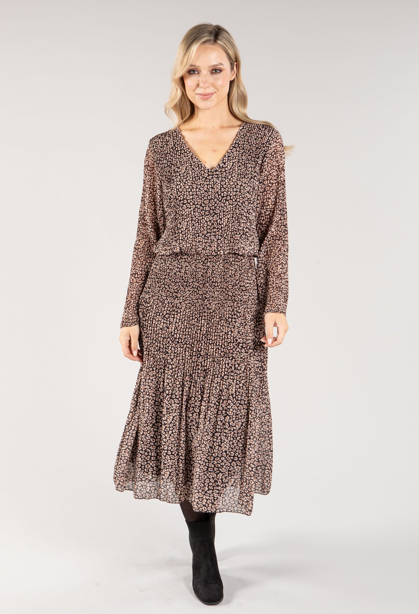 Animal Print Long Sleeve Plisse Pop Over Dress