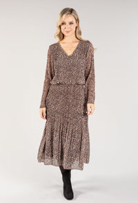 Animal Print Long Sleeve Plisse Pop Over Dress