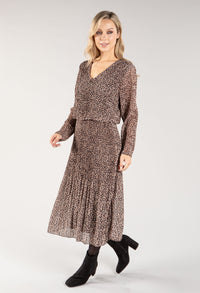 Animal Print Long Sleeve Plisse Pop Over Dress