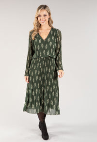 Leaf Print Plisse Pleated Dress