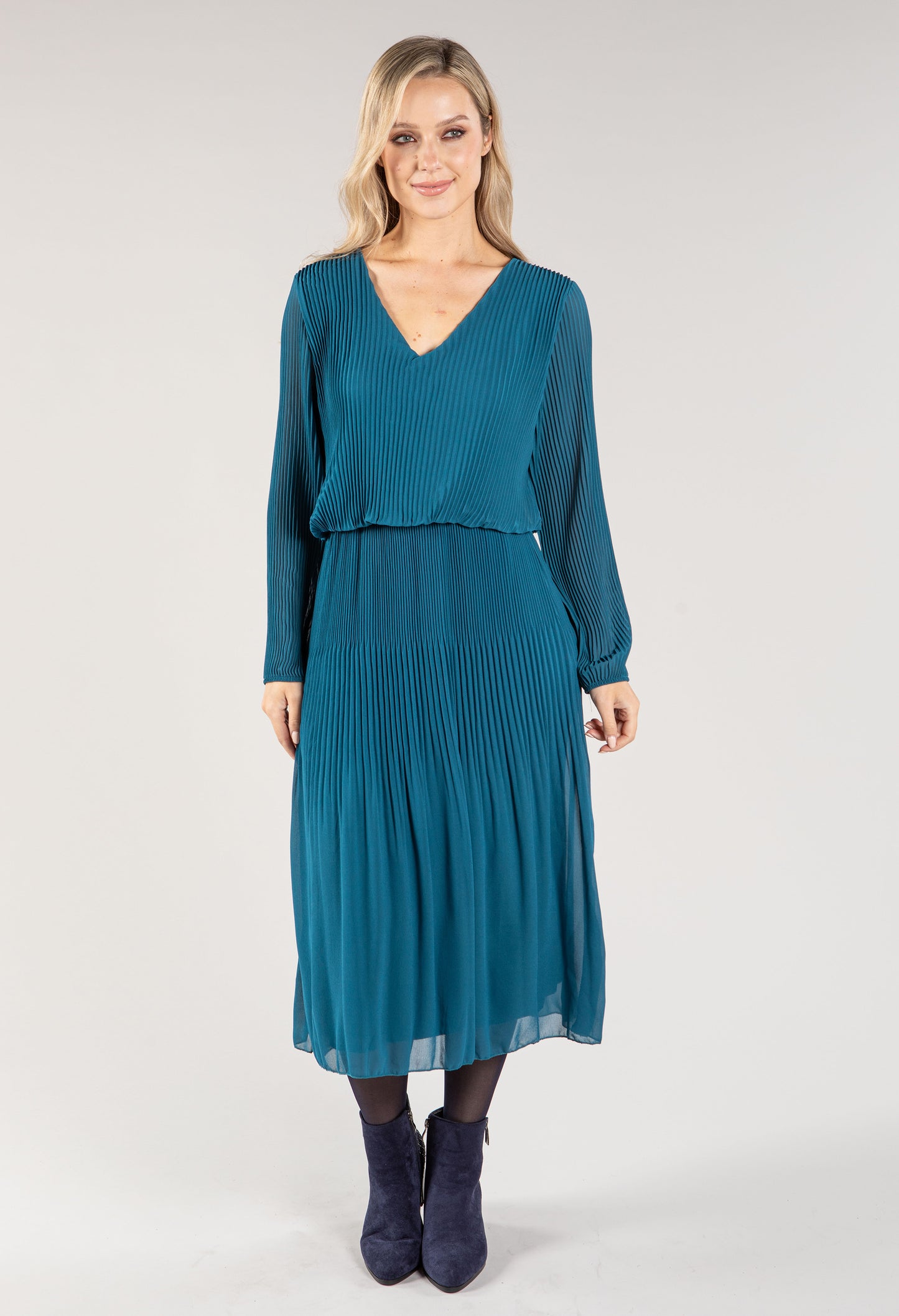 Plisse Pleated Long Sleeve Pop Over Dress