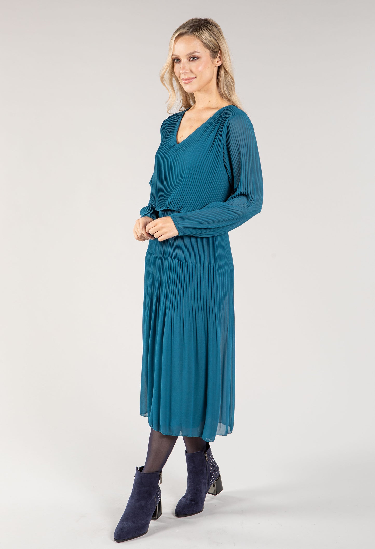 Plisse Pleated Long Sleeve Pop Over Dress