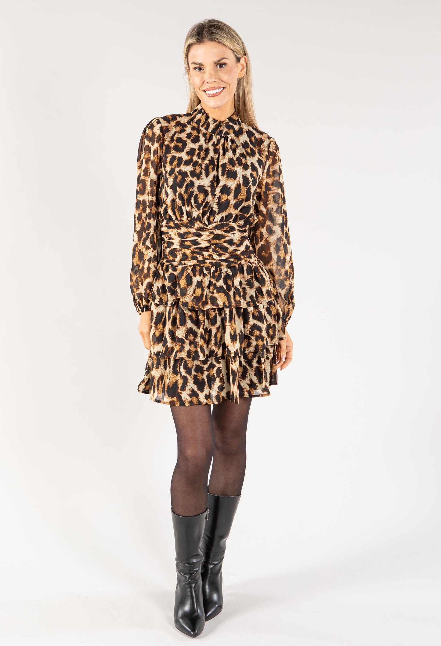 Ruched Waist Large Leopard Print Short Dress