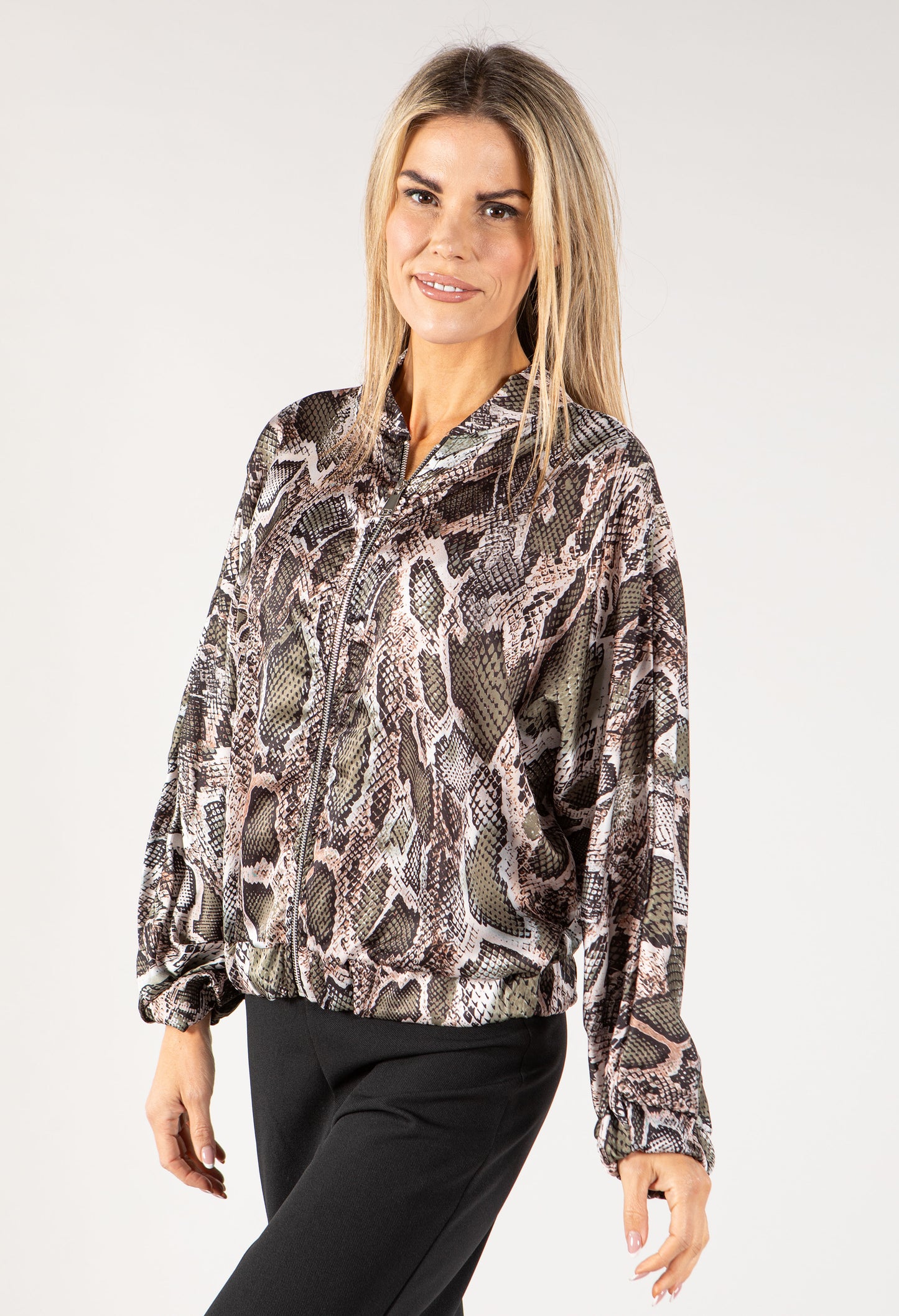 Silk Feel Snake Print Bomber Jacket