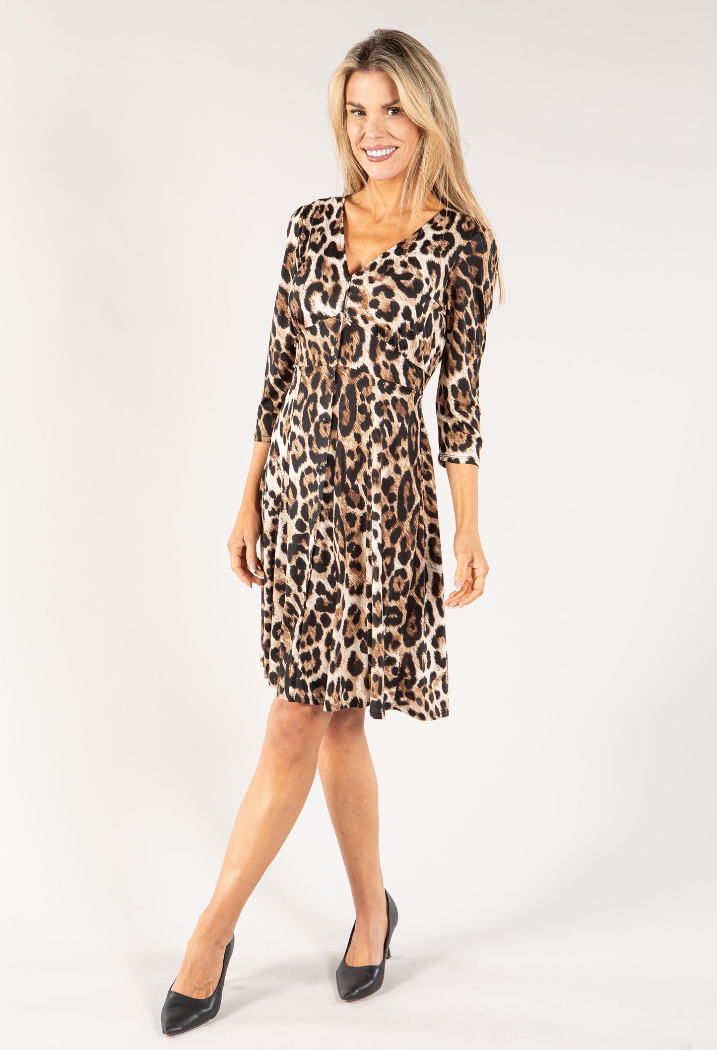 Buttoned V Neck Leopard Print Dress