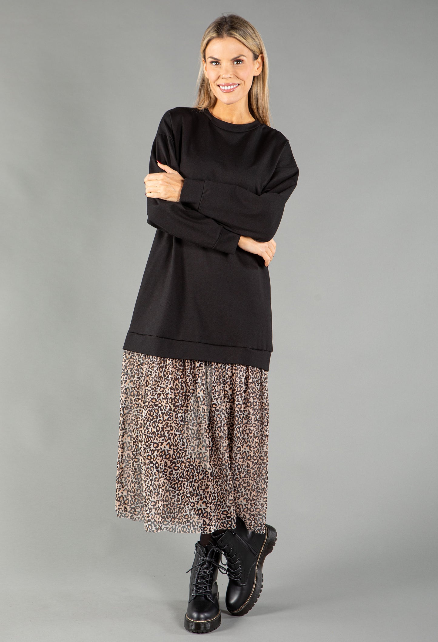 Sweater Dress with Mesh Leo Print Skirt