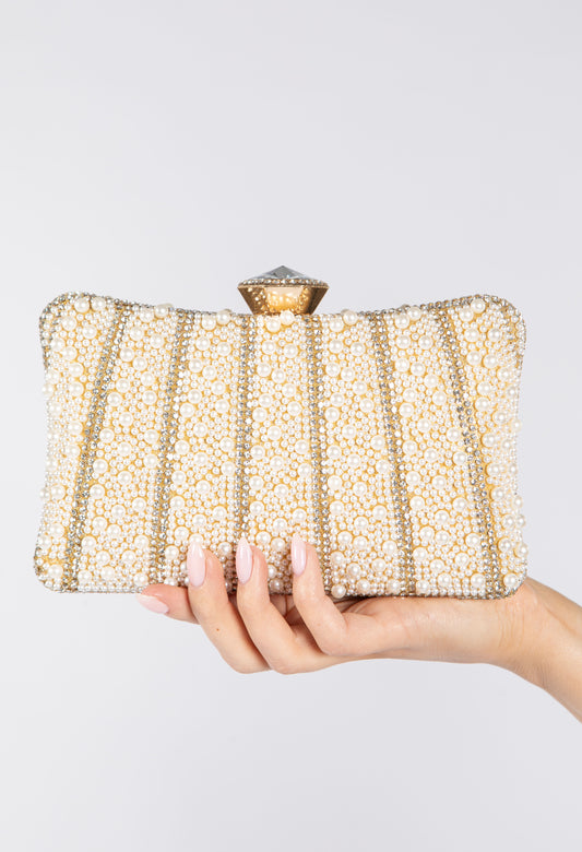 Pearl and Diamante Clutch Bag with Diamante Fascinator