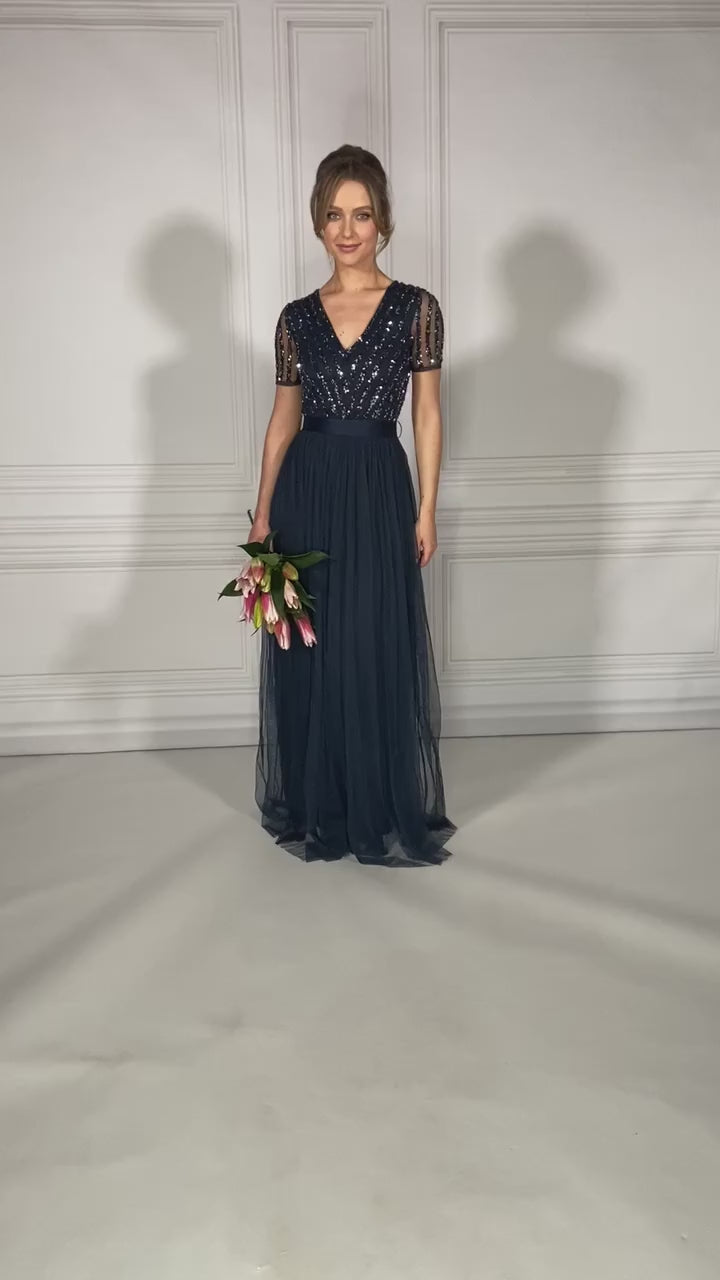 Maya NAVY V NECK SEQUIN AND TULLE DRESS WITH TIE WAIST Pamela Scott